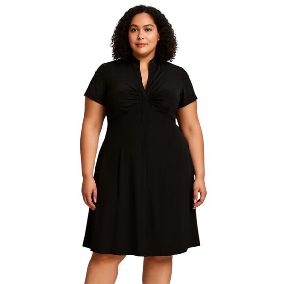 Elie Tahari Short Sleeve Dress Silk Blend Ruched Bust Snap Placket Black Size 10 - Picture 2 of 9